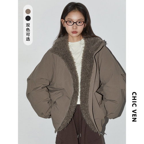 宽松廓形毛毛拼接夹克羽绒服