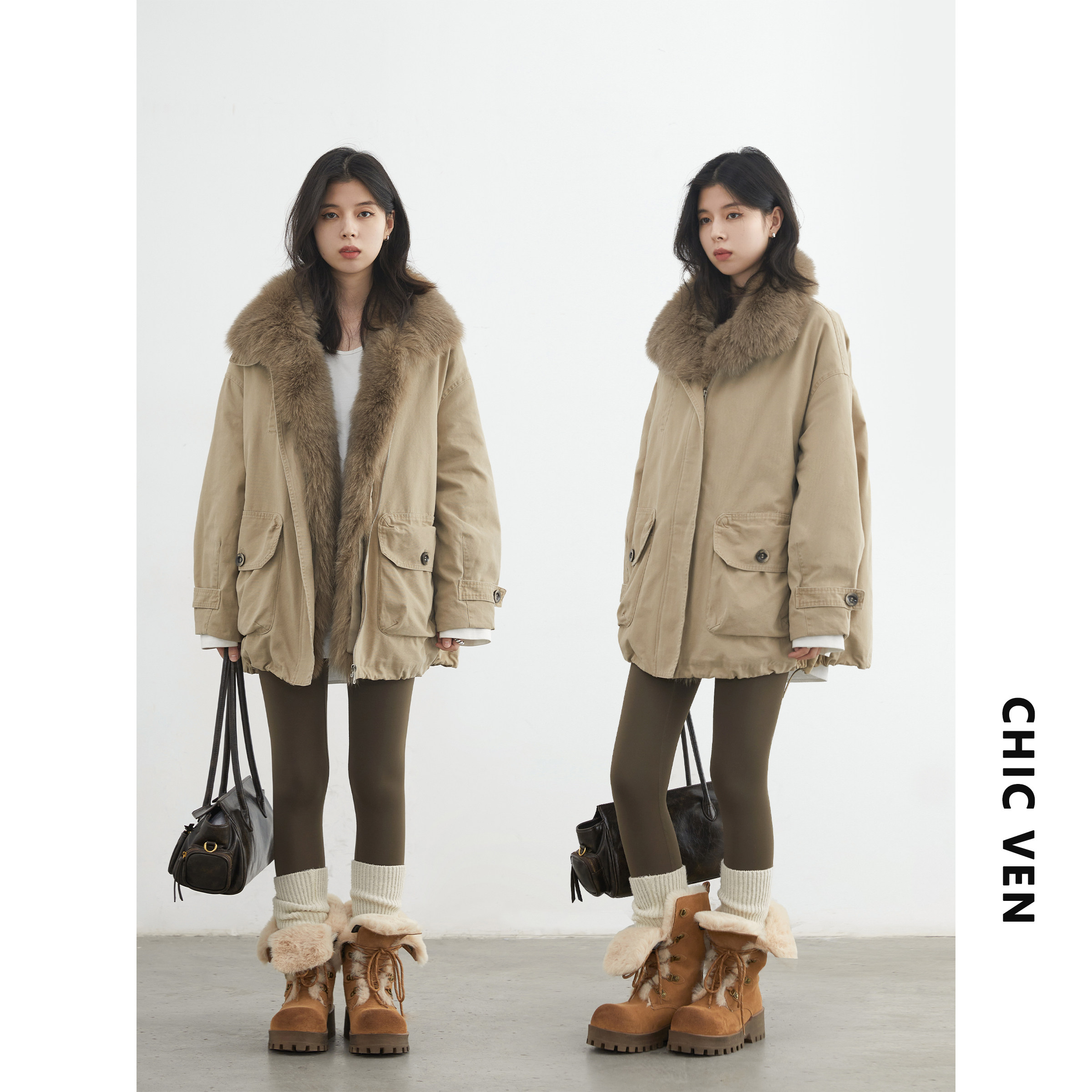 CHICVEN冬新品狐狸毛皮草翻领羽绒服派克服保暖鹅绒厚外套女胖mm