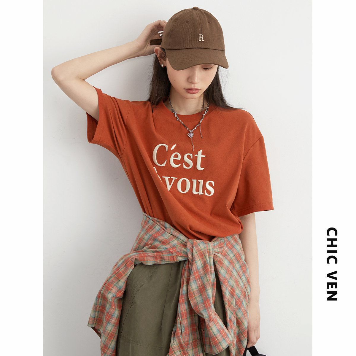 CV大码女装 夏季新款韩系宽松圆领撞色字母刺绣T恤短袖上衣女胖MM