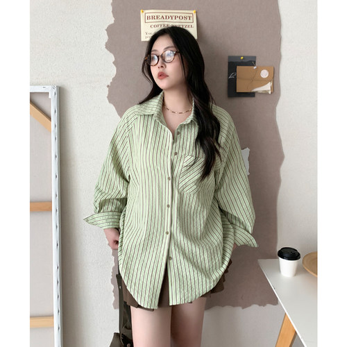 CV大码女装撞色竖条纹插肩袖衬衫