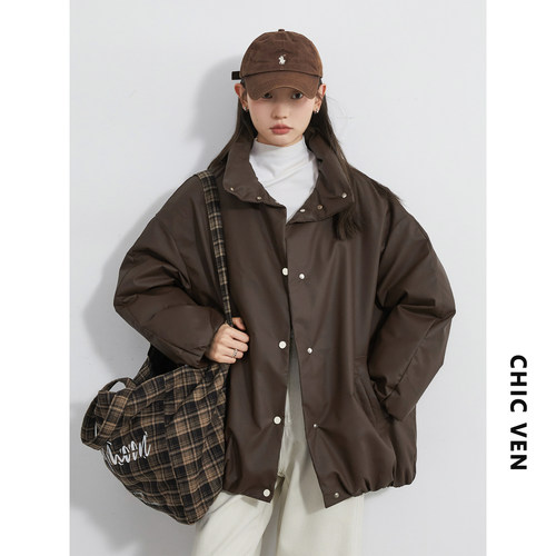 休闲宽松设计感仿皮羽绒服女