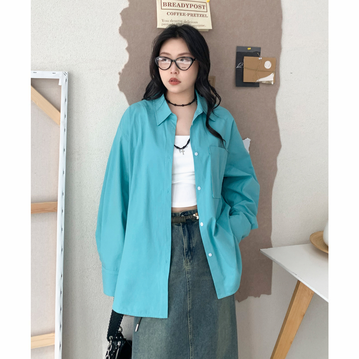 CV大码女装春季高级感翻领长袖衬衫宽松百搭纯色衬衣外套女胖妹mm