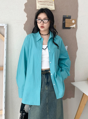 CV大码女装春季高级感翻领长袖衬衫宽松百搭纯色衬衣外套女胖妹mm