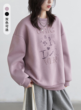 CV大码女装春新款简约圆领印花贴布绣卫衣复古时髦套头上衣女胖mm