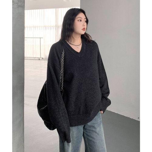 CV大码女装 冬季新款简约V领纯色针织打底衫羊毛内搭毛衣胖MM显瘦