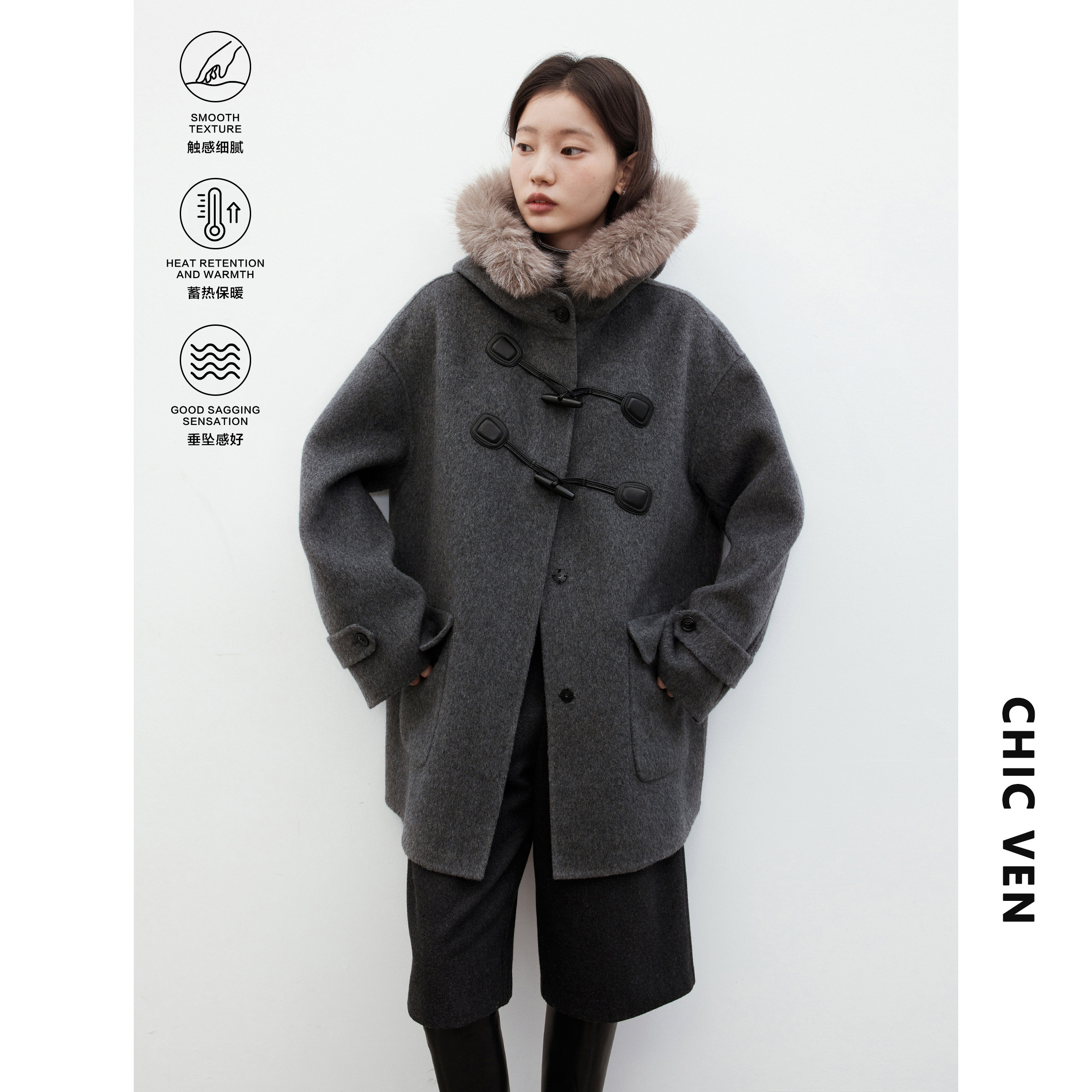 CV大码女冬季新品连帽毛领羊毛双面呢牛角扣中长款保暖大衣女胖mm