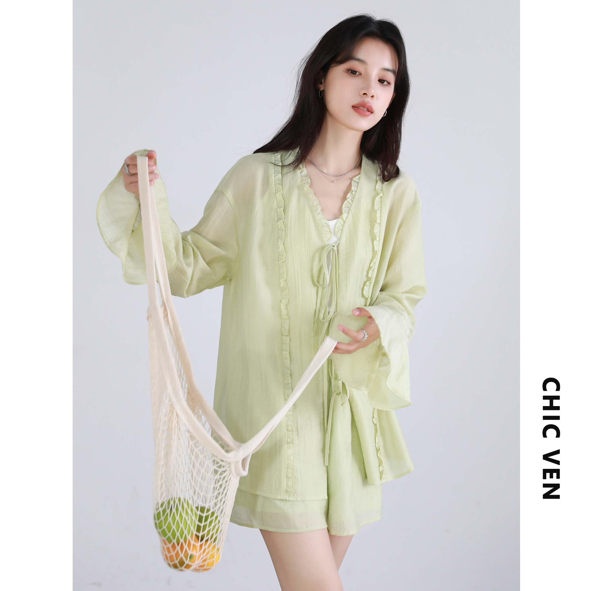 CV大码女装系带衬衫短裤套装女