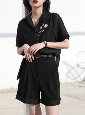 CV大码女装 夏季新款复古刺绣薄纱polo领短袖直筒衬衫女宽松上衣