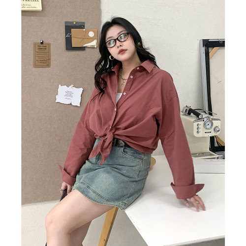 CV大码女装 秋季新款水洗莼棉刺绣撞色纽扣衬衫叠穿内搭衬衣胖MM