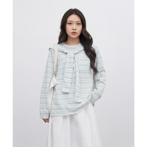 圆领长袖条纹T恤帽兜披肩上衣