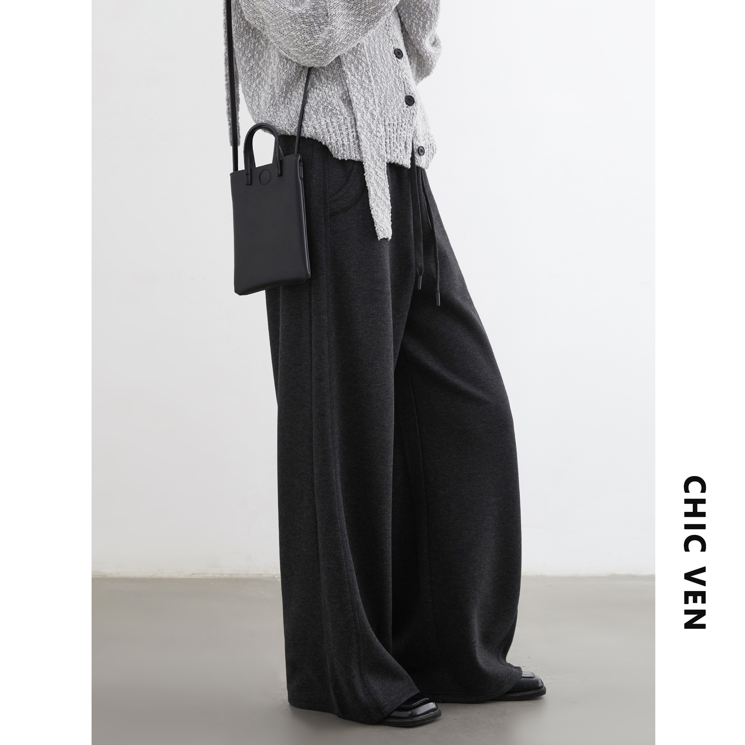 斜纹抽绳针织长裤宽松直筒休闲裤