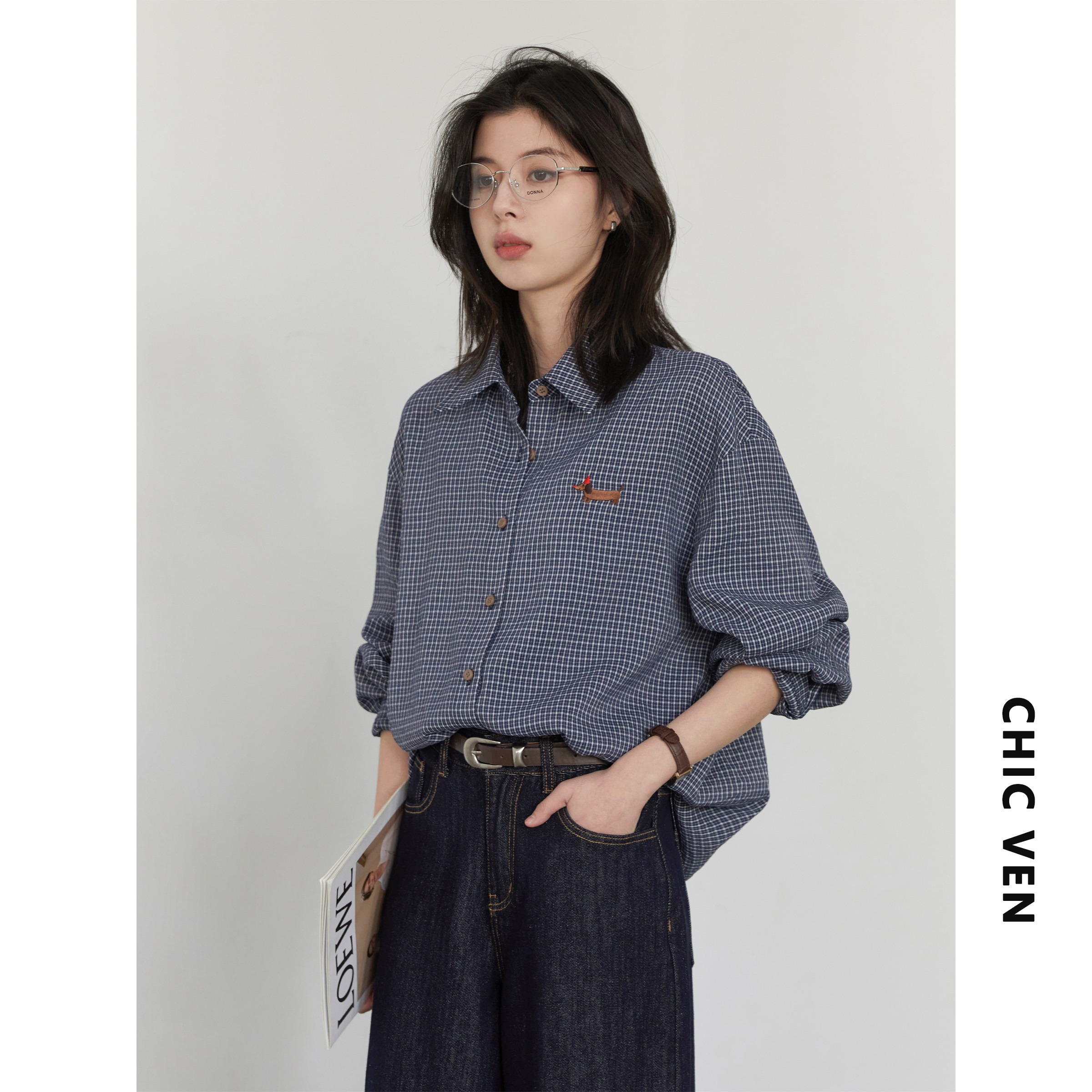 CV大码女装 春季新款宽松翻领刺绣格纹衬衫上衣百搭miu系衬衣胖MM
