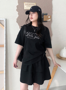 CV大码女装 2026夏季新款抽褶圆领短袖T恤上衣半身短裙套装女胖mm