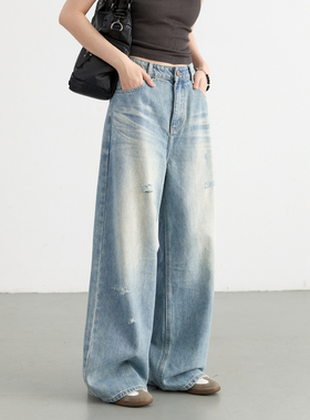 CV大码女装 2025夏季新款磨白高腰猫须破洞直筒牛仔裤阔腿长裤子