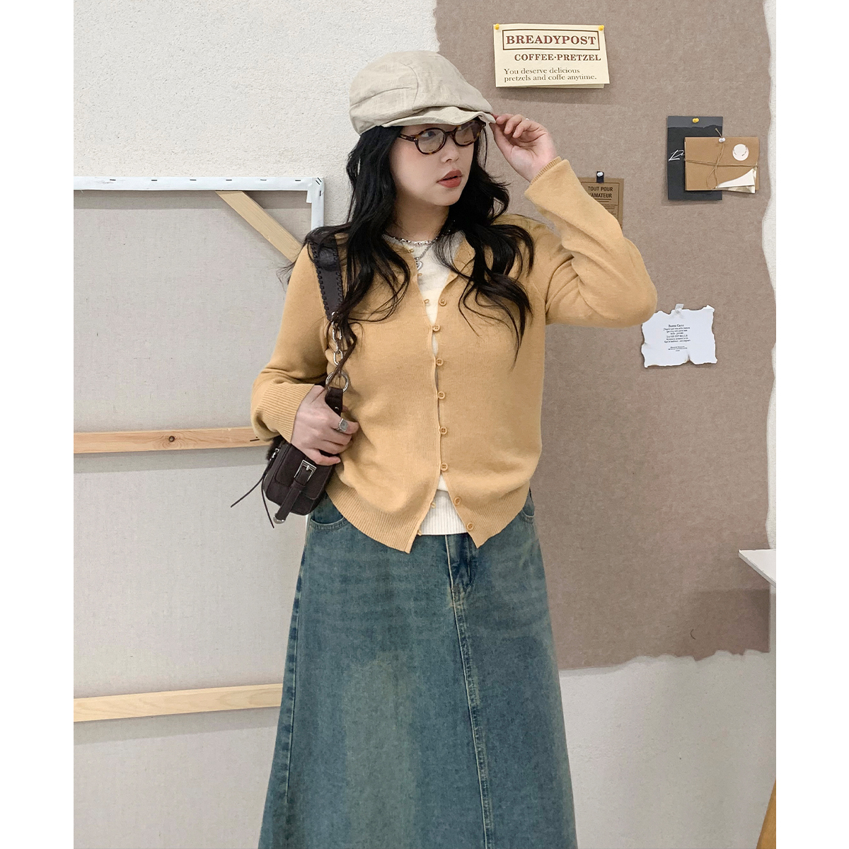 CV大码女装 春季新款韩系圆领假两件针织衫修身红色上衣女胖MM
