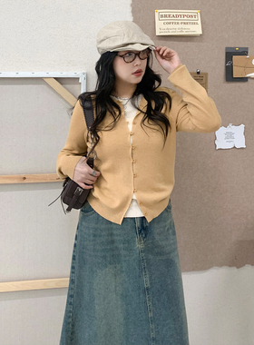 CV大码女装 秋季新款韩系圆领假两件针织衫修身红色上衣女胖MM