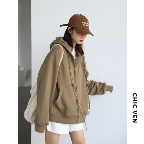 CV大码女装 春季新款高街感宽松多色帽绳刺绣加绒连帽卫衣外套女