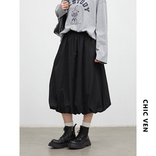 松紧腰立体云朵花苞半身裙中长款 春款 显瘦蓬蓬裙 女装 chicven大码