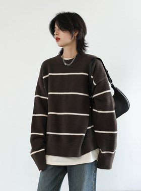 CV大码女装 春日氛围感~韩版休闲柔软撞色条纹长袖针织毛衣女胖mm