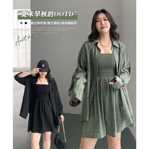 CV大码女装 早秋新款宽松格纹衬衫吊带裙连体裙两件套女胖MM显瘦