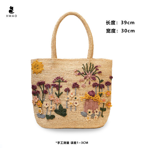 波西米亚风拉菲草编织包女纯手工立体花朵刺绣大容量度假手提包包