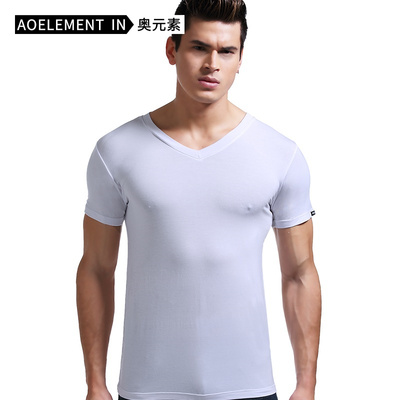 莫代尔夏季圆领紧身男士短袖V领t恤纯色背心体恤修身运动打底汗衫