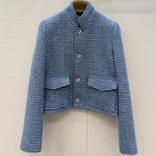 蓝白羊毛粗花呢立领短夹克女