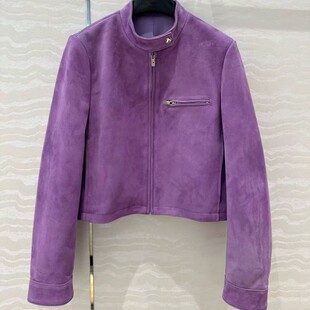 定制麂皮绒面小立领短款直筒拉链贴皮刺绣飞行夹克皮衣外套上衣女