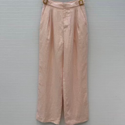 亚麻五金扣中高腰直筒长裤女