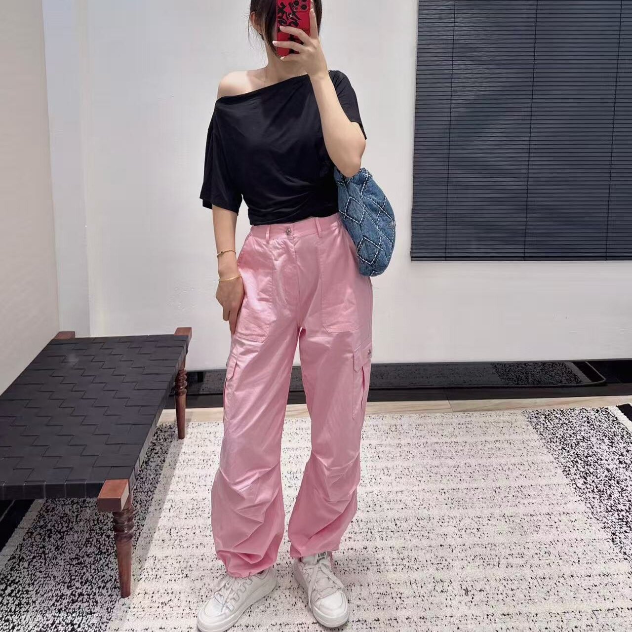 深圳南油山系工装口袋进口洗水纯棉布松紧腰高腰阔腿束脚长裤女