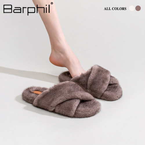 Barphil拖鞋女2026新款秋冬季室内家居毛毛棉拖鞋保暖防滑交叉带