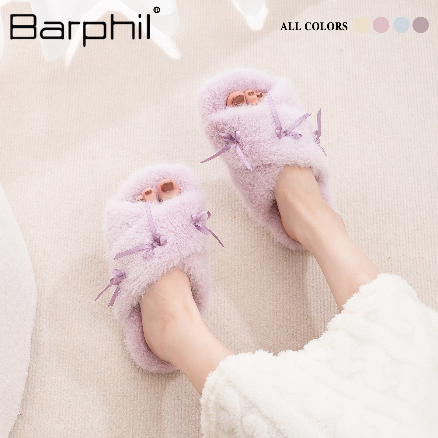 Barphil拖鞋女士2026新款秋冬季室内家居防滑舒适软底一字拖毛绒