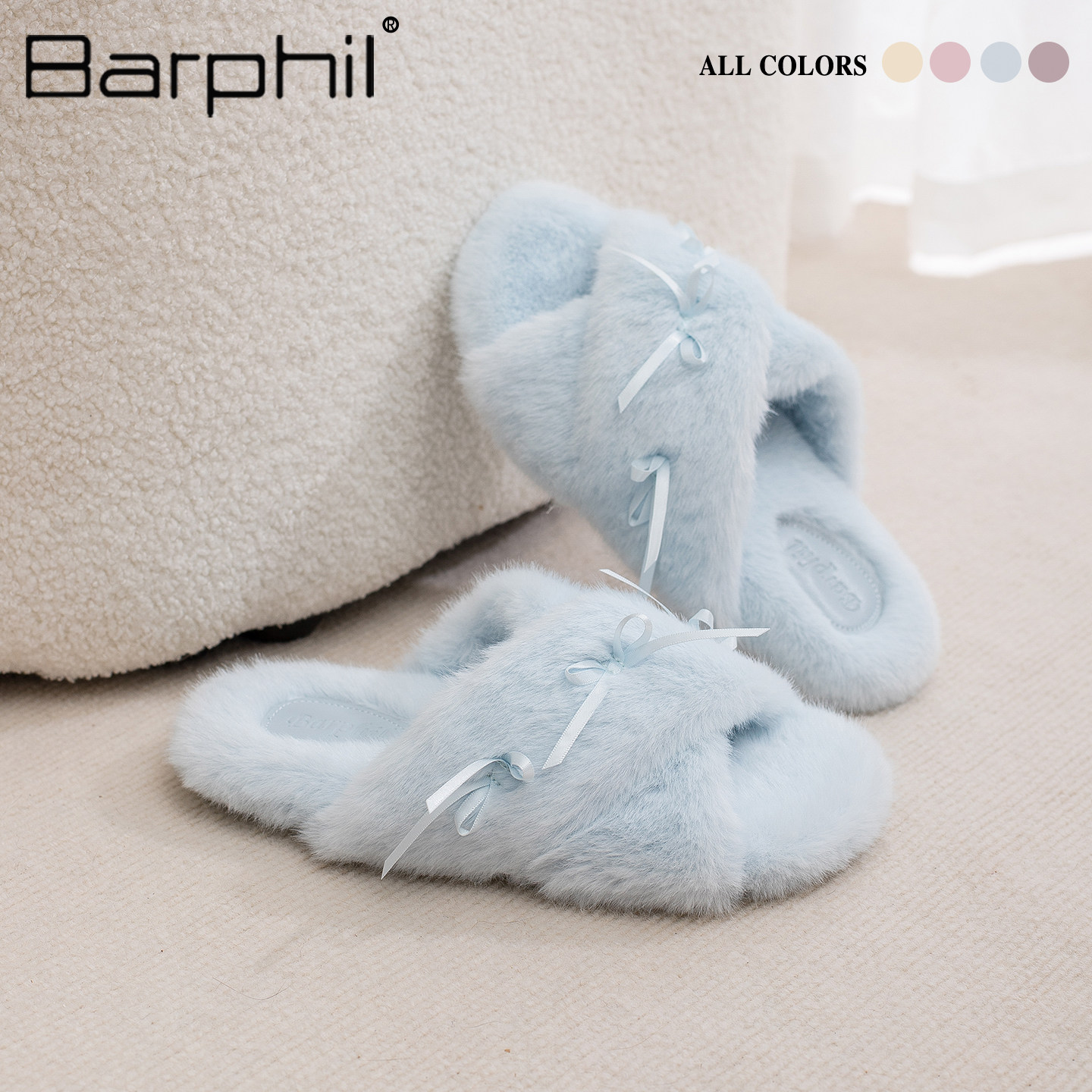 Barphil拖鞋女士2026新款秋冬季室内家居防滑软底毛绒甜美一字拖