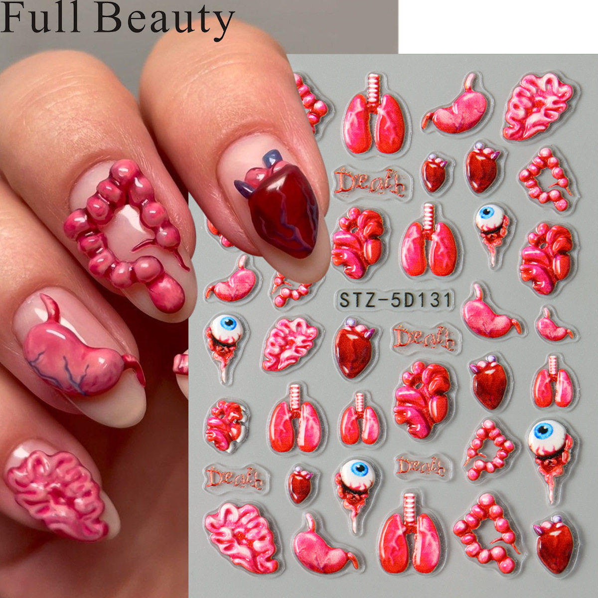 新款万圣节浮雕5D内脏眼睛美甲贴纸立体卡通心脏欧美搞怪指甲贴,彩妆/香水/美妆工具,指甲装饰,淘宝优惠券,粉丝福利购,淘宝优惠卷