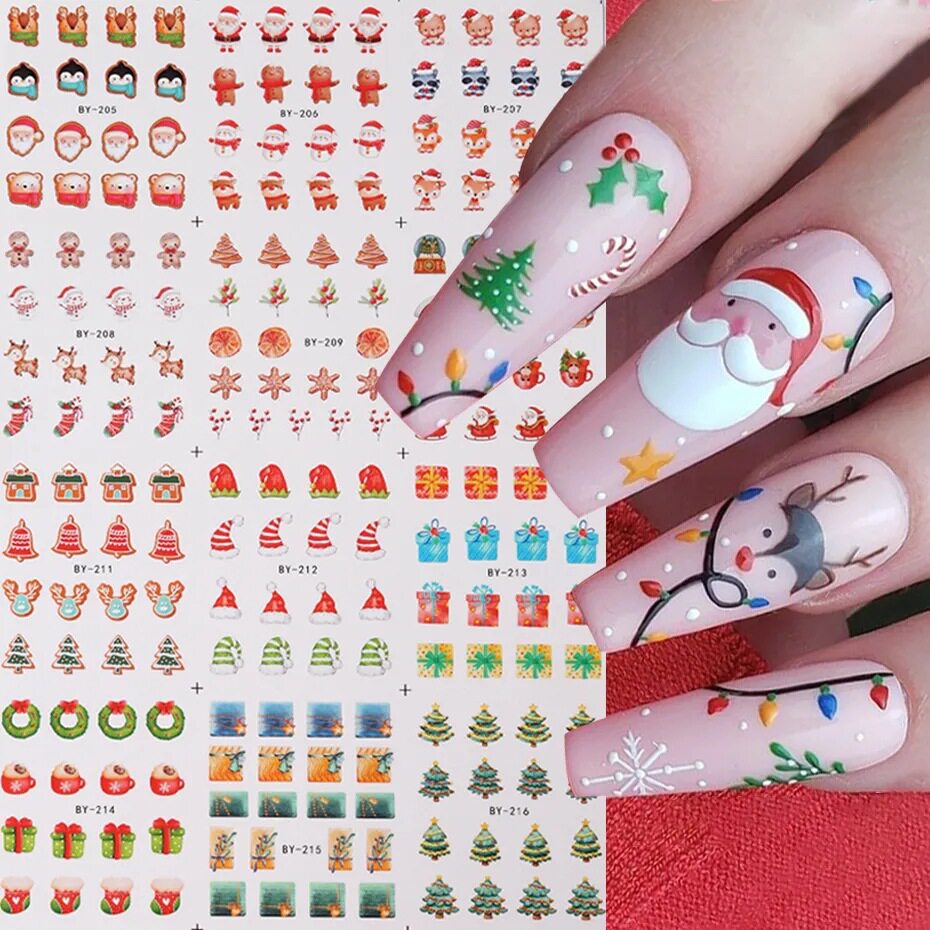 新款圣诞节卡通美甲贴纸雪花圣诞老人麋鹿铃铛水印儿童指甲贴nail