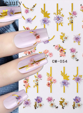 ins风紫色玫瑰法式线条鎏金花朵烫金花卉美甲贴纸桃花指甲贴花