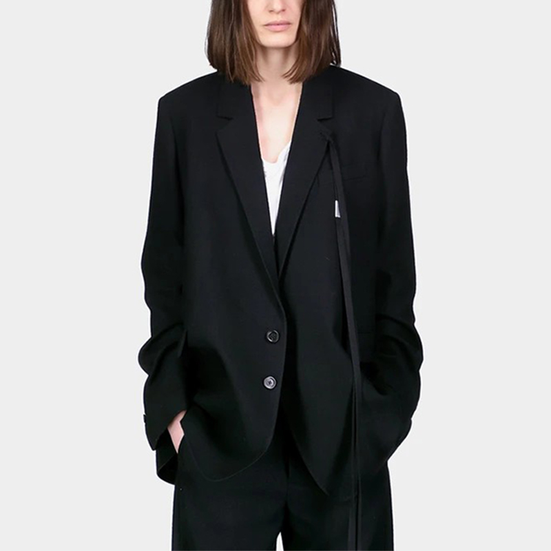 ANN DEMEULEMEESTER 女款黑色羊毛休闲宽松夹克西装暗黑系外套