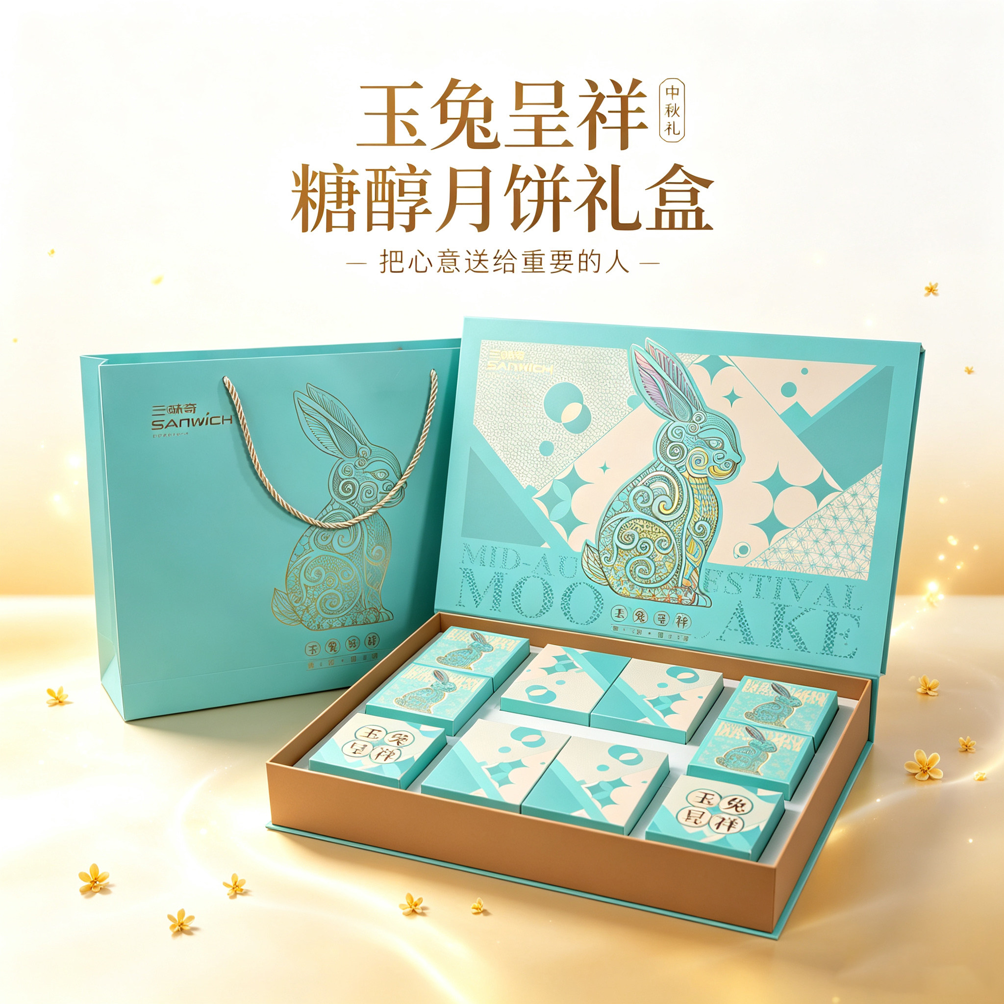 三味奇玉兔呈祥中秋礼盒糖醇月饼月饼