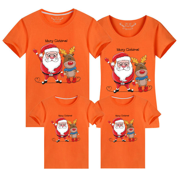 레드 크리스마스 부모-자식 반팔 티셔츠 2024 크리스마스 사슴 스타일 3 4인 가족 모자 가족복