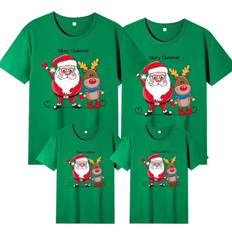 레드 크리스마스 부모-자식 반팔 티셔츠 2024 크리스마스 사슴 스타일 3 4인 가족 모자 가족복