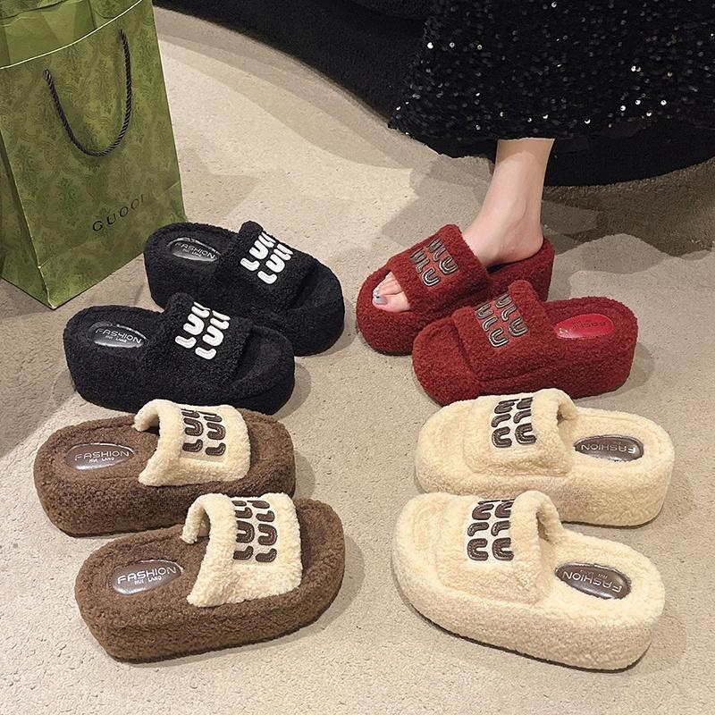 厚底增高欧美字母一字毛绒棉拖鞋