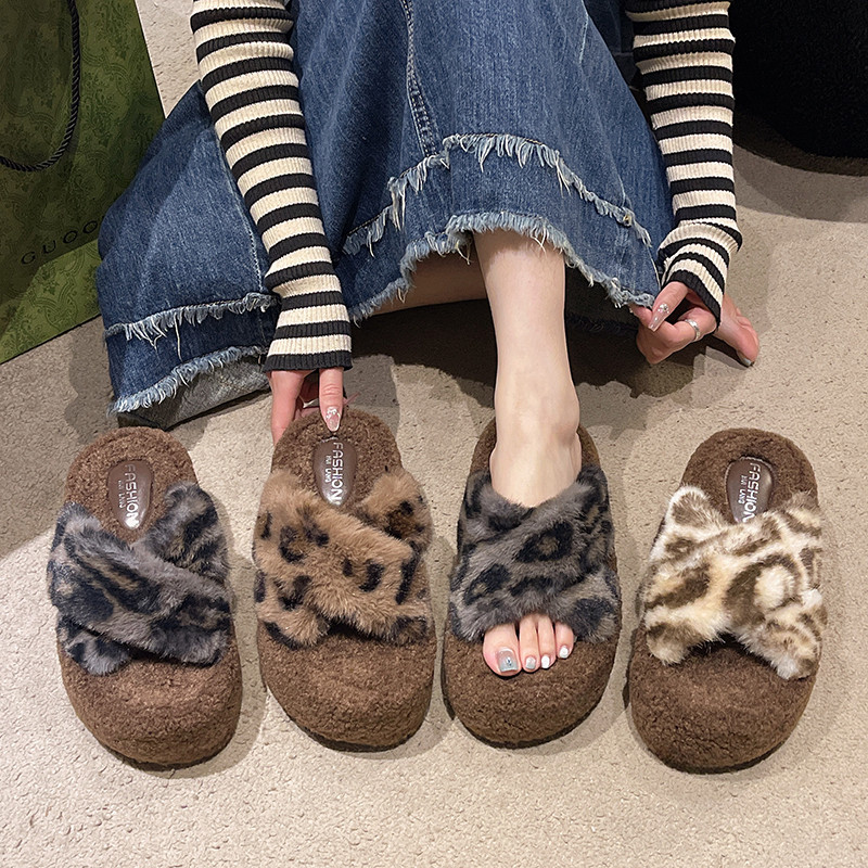 豹纹厚底一字毛毛拖欧美时尚交叉