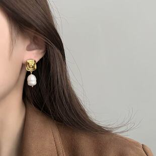 法式ins风肌理感淡水珍珠耳环电镀22K金长款耳钉方形银针耳饰热卖