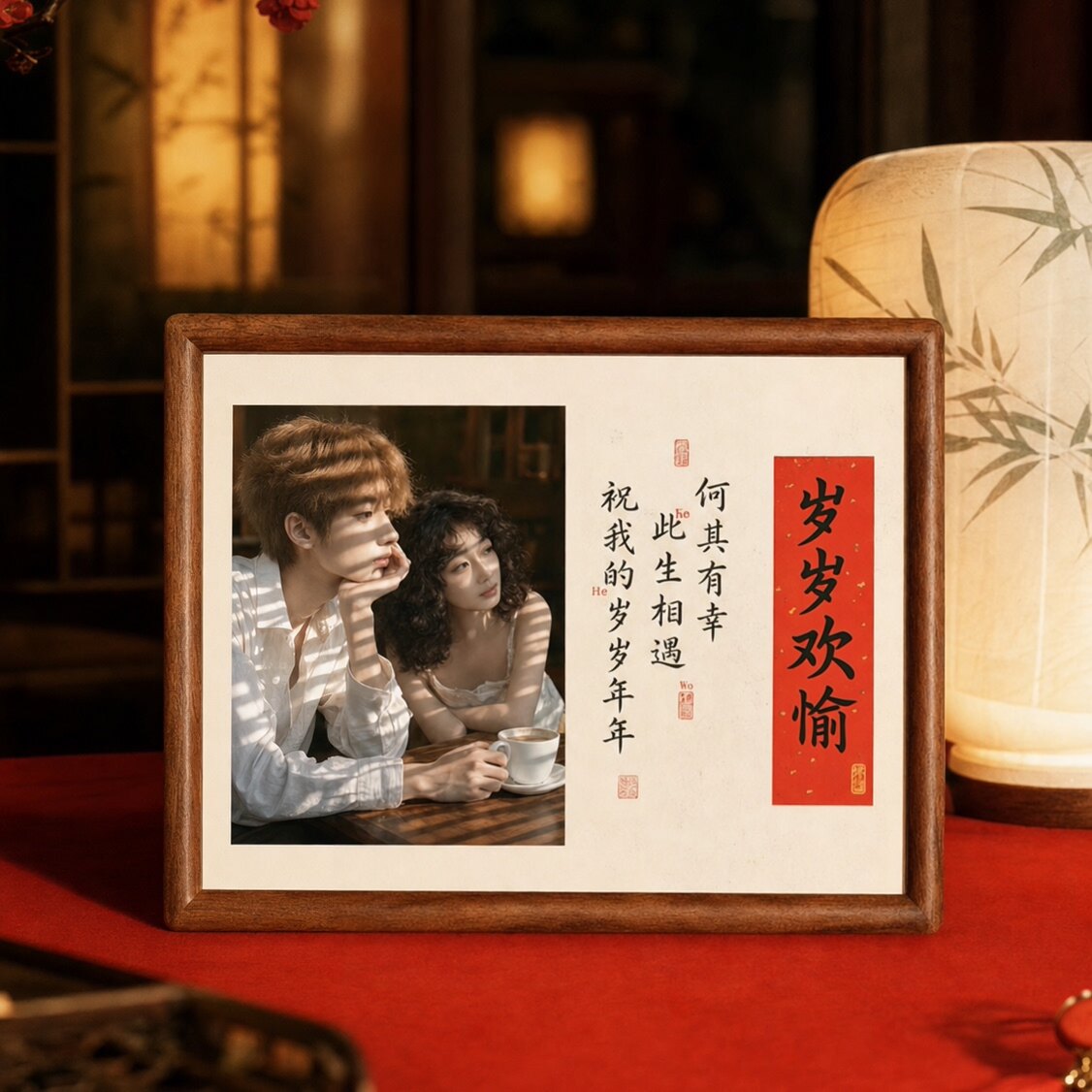 中式复古木质相框定制情侣摆台