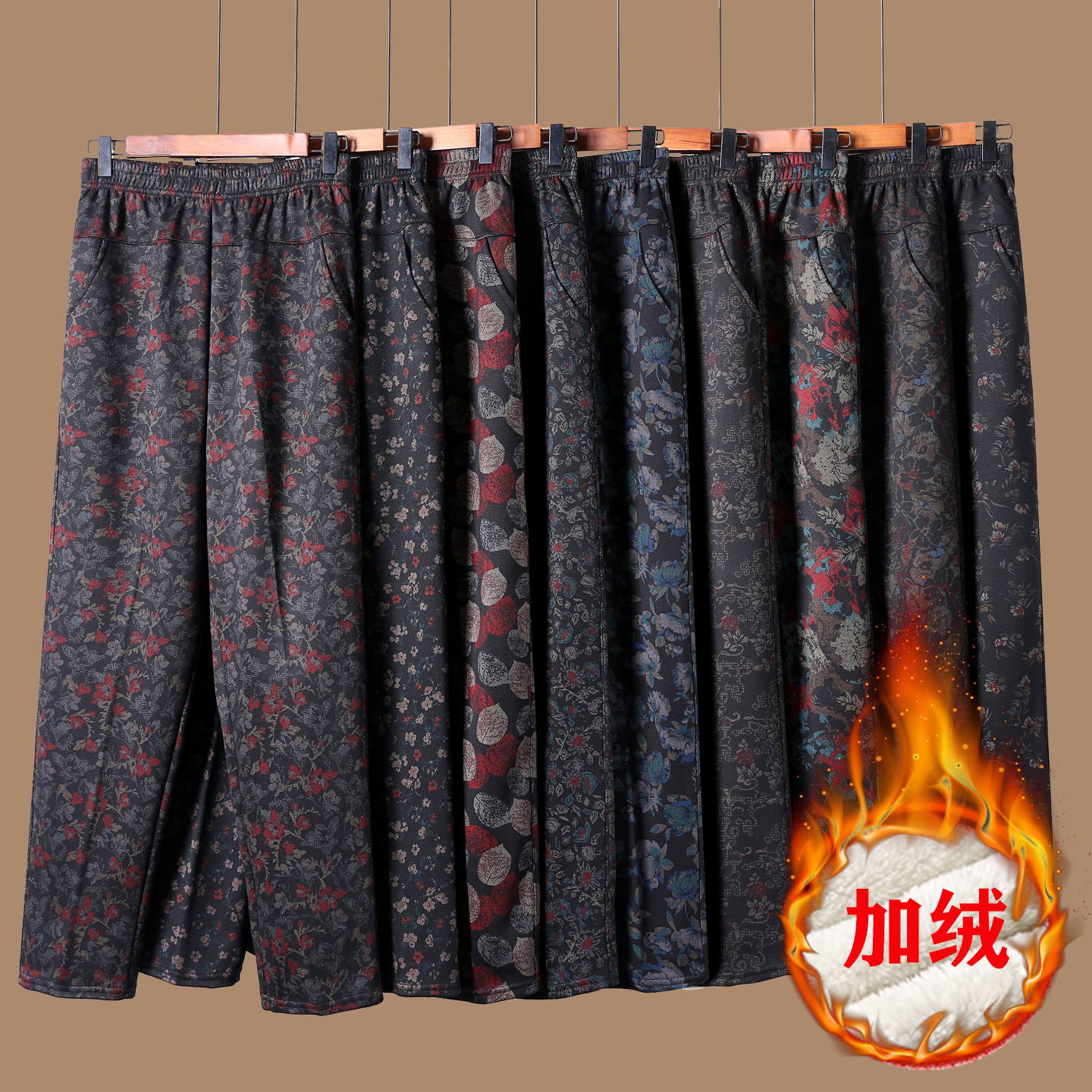 奶奶花女裤秋冬加绒厚外穿中老年