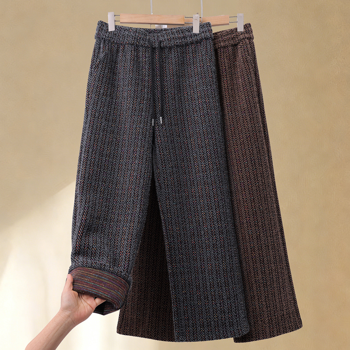 秋冬季加厚毛呢休闲裤女妈妈装复古条纹高腰松紧系带宽松直筒长裤,女装/女士精品,休闲裤,淘宝优惠券,粉丝福利购,淘宝优惠卷