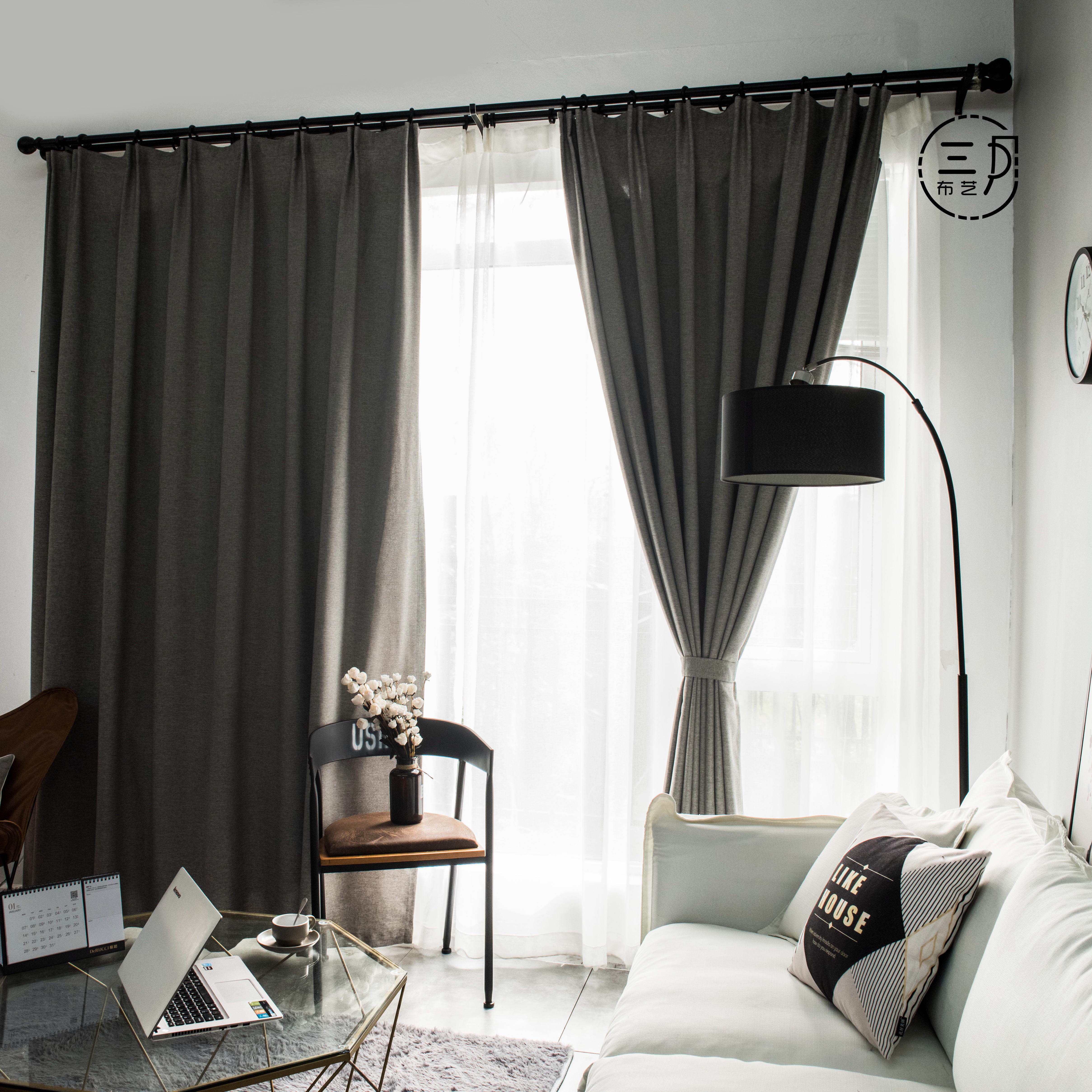 北欧纯色棉麻窗帘简约现代客厅卧室书房阳台落地飘窗遮光定制窗帘