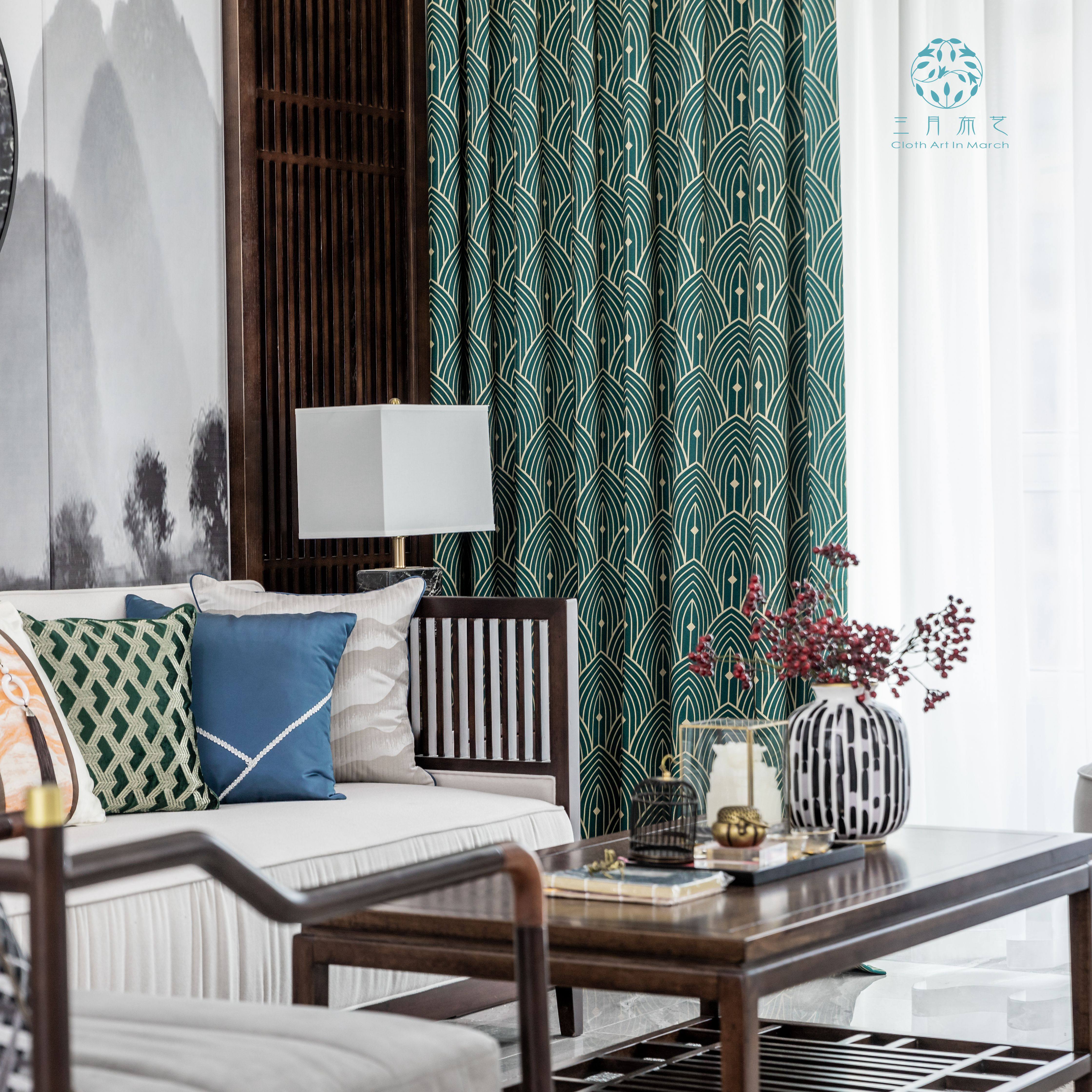 田园新中式风水墨山丘棉麻窗帘半遮光书房客厅卧室阳台落地飘窗帘