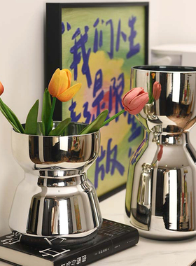 现代简约北欧高颜值轻奢电镀镜面银色玻璃花器水培鲜花瓶装饰摆件