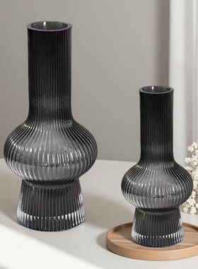 现代简约竖条纹透灰色玻璃花器长颈花瓶客厅玄关桌面水培花瓶摆件